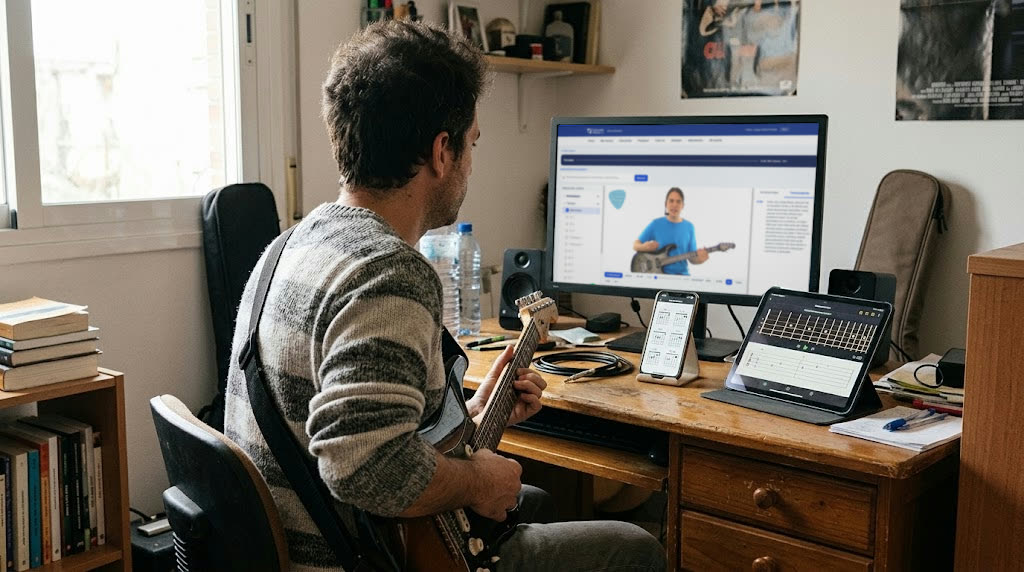 Alumno estudiando guitarra frente al computador