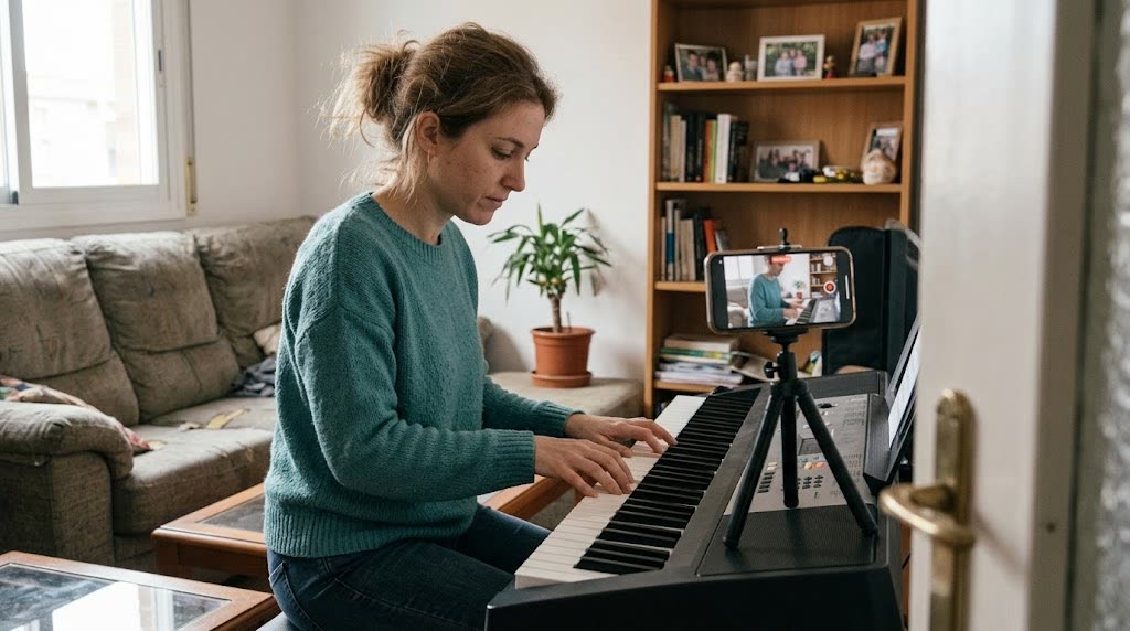 Alumna grabando su práctica de teclado con el celular